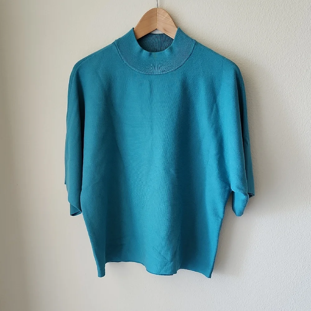 Chico's Teal Sweater Short Sleeve Mock Neck Wide Elbow Sleeves Sz L (2) Soft - Picture 4 of 16
